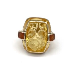 Vintage Modernist Sterling Silver Ring Amber Carnelian Inlay Accents Size 7.5